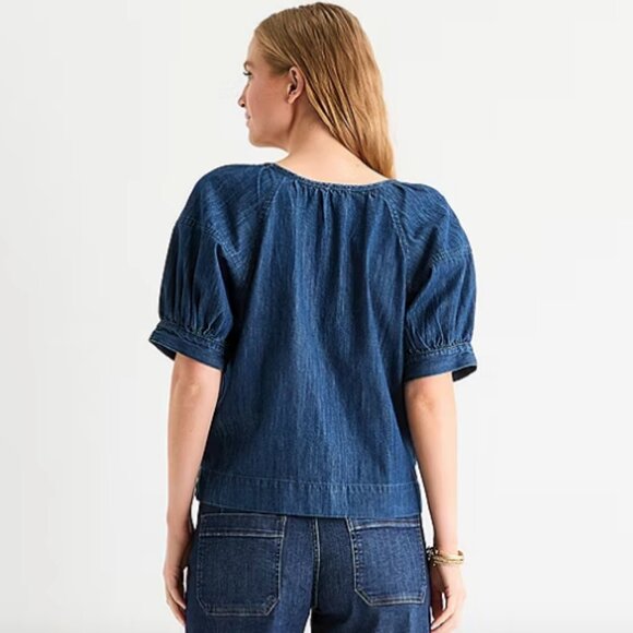 a.n.a Denim Womens U Neck Short Sleeve Blouse, Dark Wash Sz PM - Picture 2 of 8